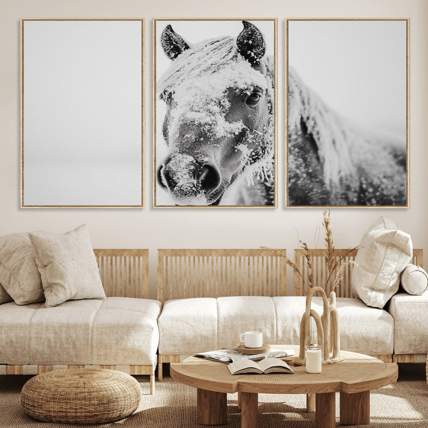MGV-FC-60X30-3P - White Horse Wall Art | Ready to Hang and Framed | Winter Horse Wall Art Print for Farmhouse and