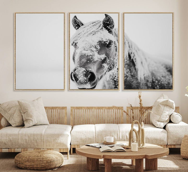 White Horse Wall Art: A black and white photo of a snow-covered horse, framed and ready to hang for farmhouse decor.