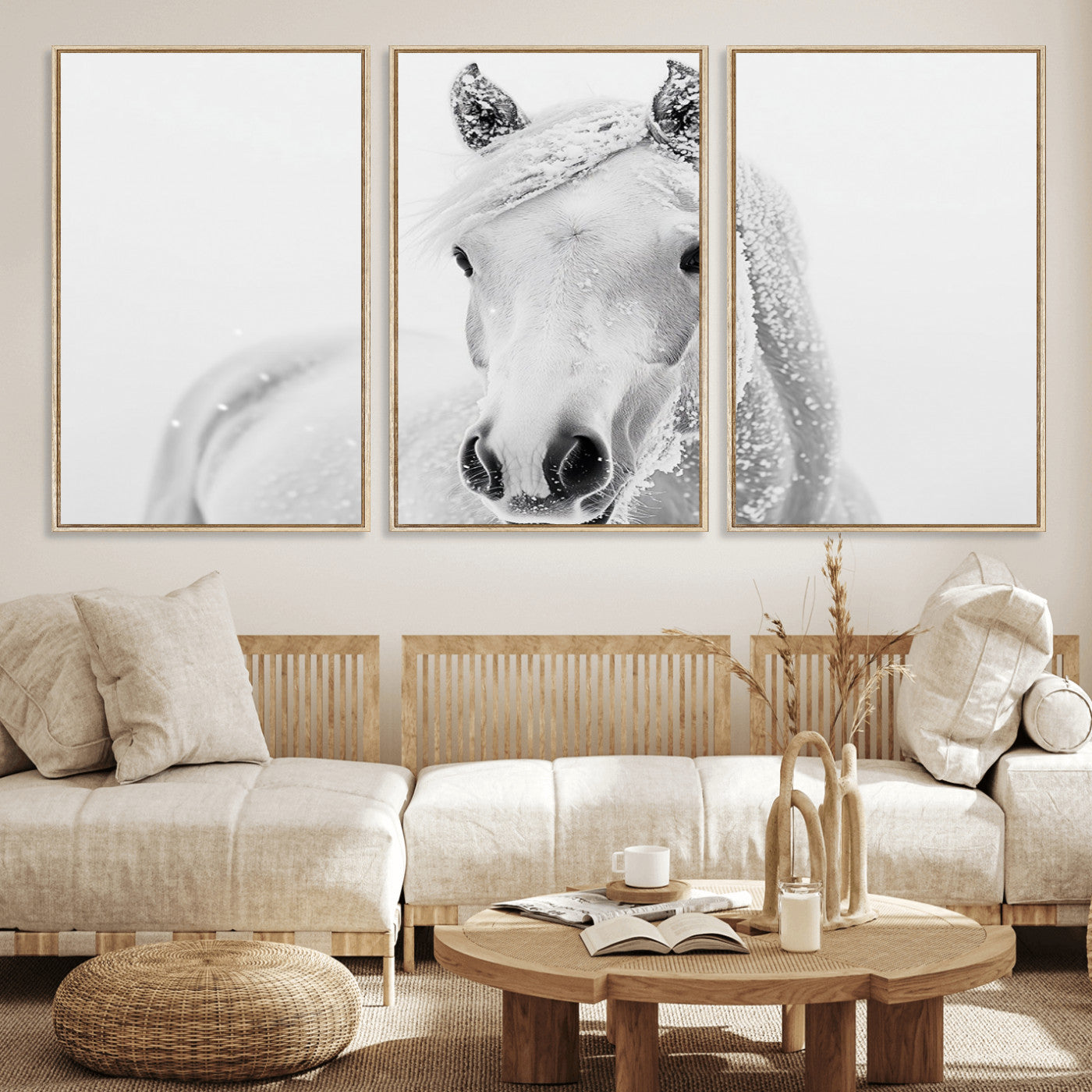 MGV-FC-60X30-3P - Majestic White Horse Wall Art | Ready to Hang and Framed | Farmhouse Wall Decor for Living Room