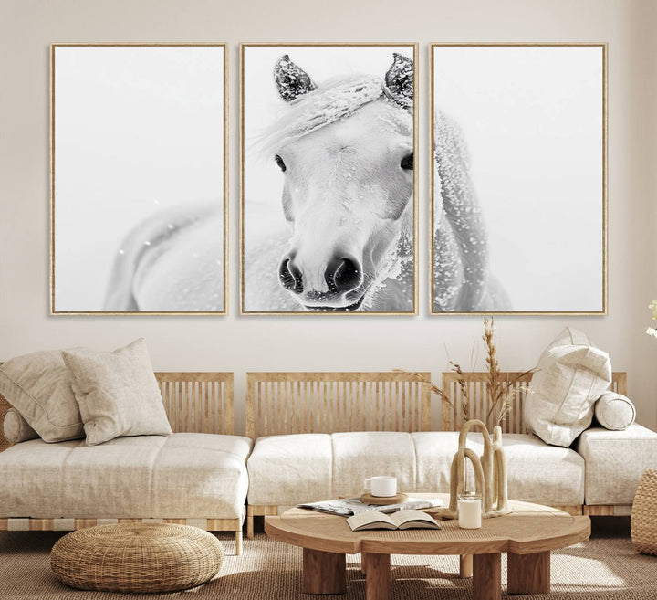 The dining room features the Majestic White Horse Wall Art, adding to its rustic charm.