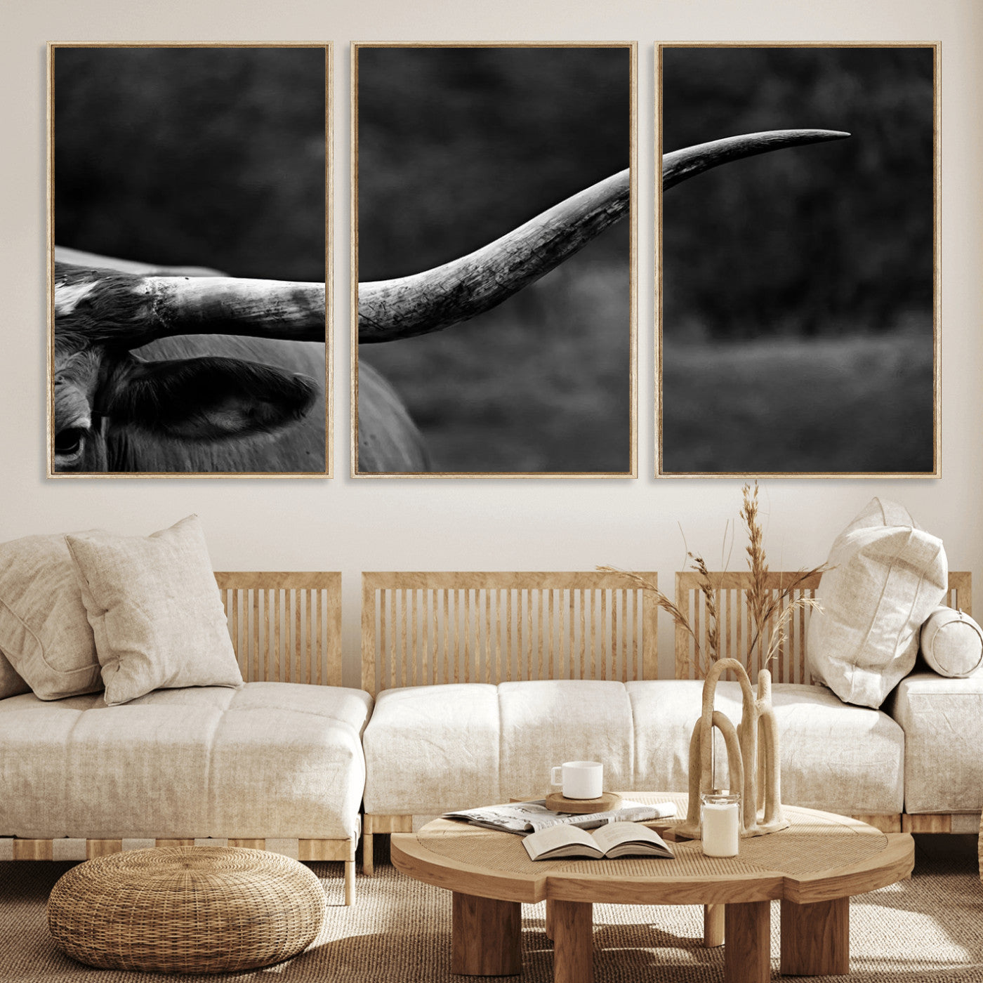 MGV-FC-60X30-3P - Cow Longhorn Wall Art | Black and White Print | Ready to Hang and Framed | Farmhouse Wall Decor |