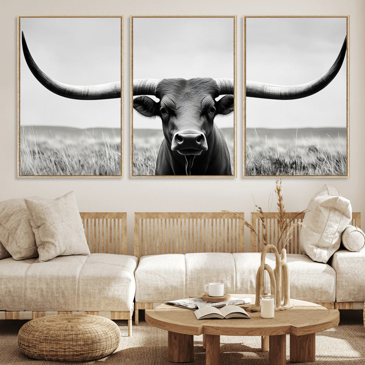 MGV-FC-60X30-3P - Longhorn Bull Canvas Print | Rustic Farmhouse Wall Art | Western Decor | Ready to Hang and Framed