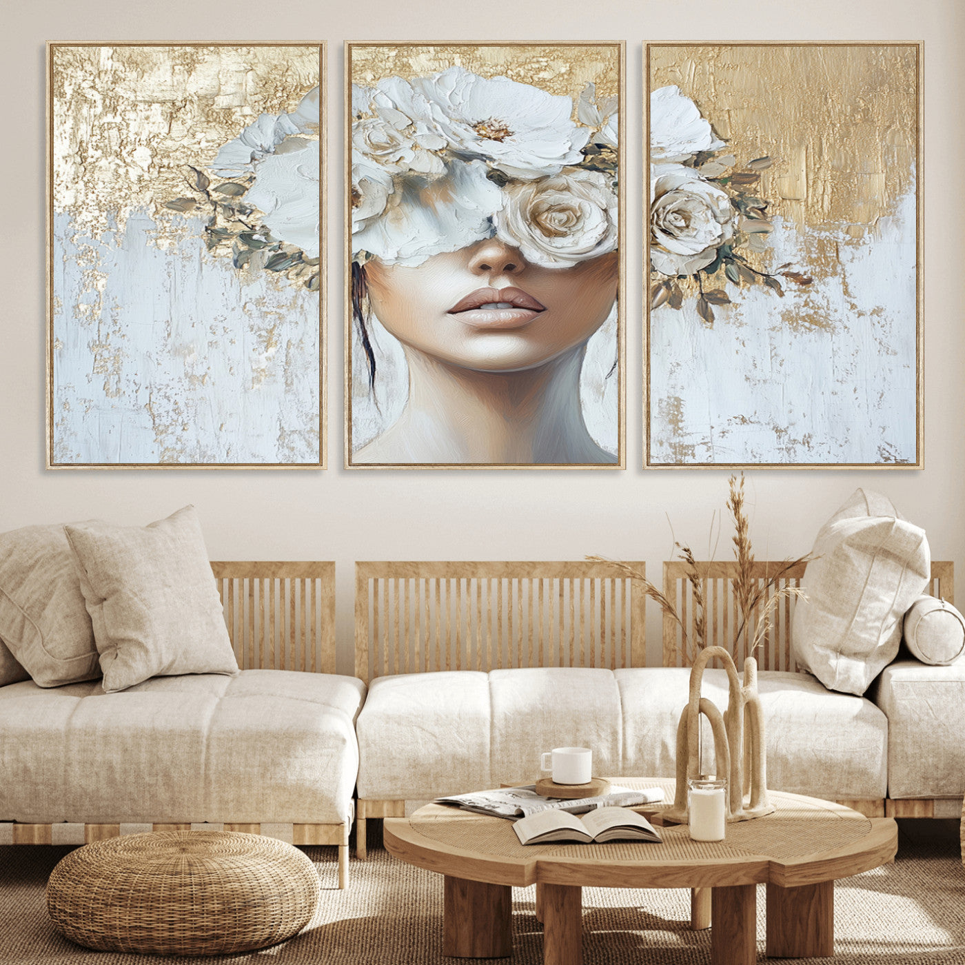MGV-FC-60X30-3P - Golden Petal Wall Art - Canvas Print Flower Head Woman Painting Floral Woman Portrait Wall Decor,
