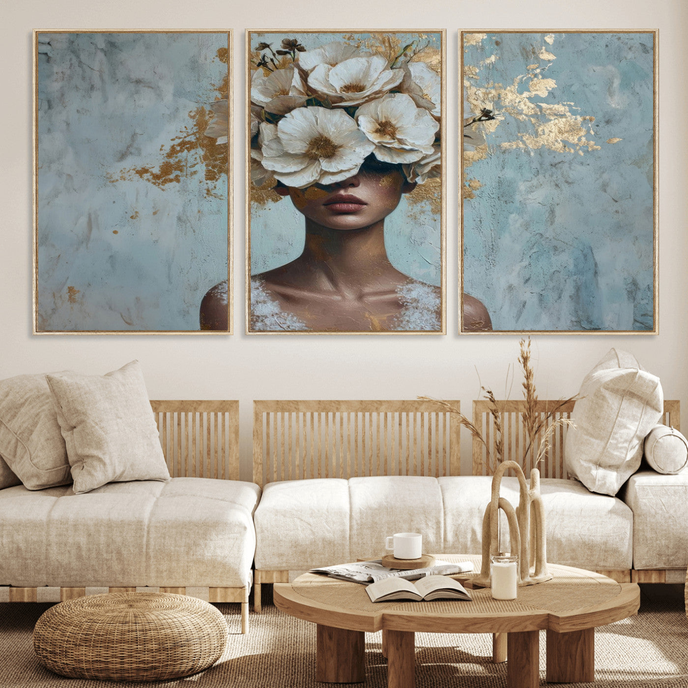 MGV-FC-60X30-3P - Golden Petal Wall Art - Petal Silhouette Woman Wall Art Canvas Print | Large 3-Panel Canvas with
