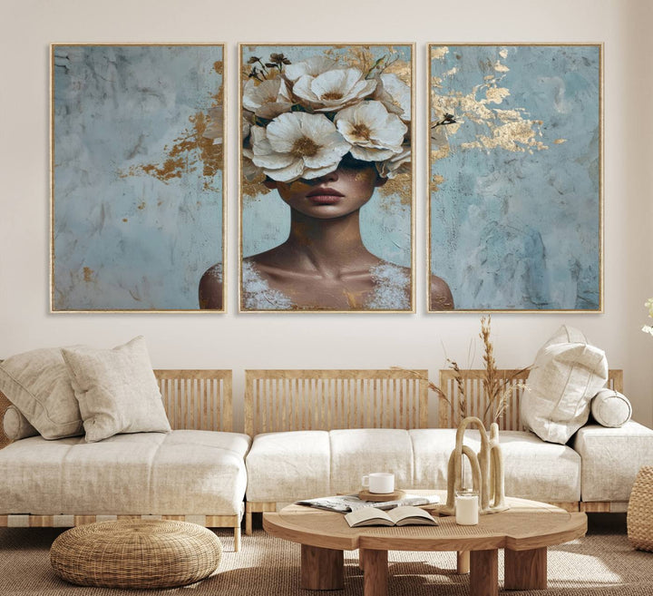 Golden Petal Wall Art: A womans face adorned with a gold floral design on a teal background, presented in a 3-panel modern glam canvas.