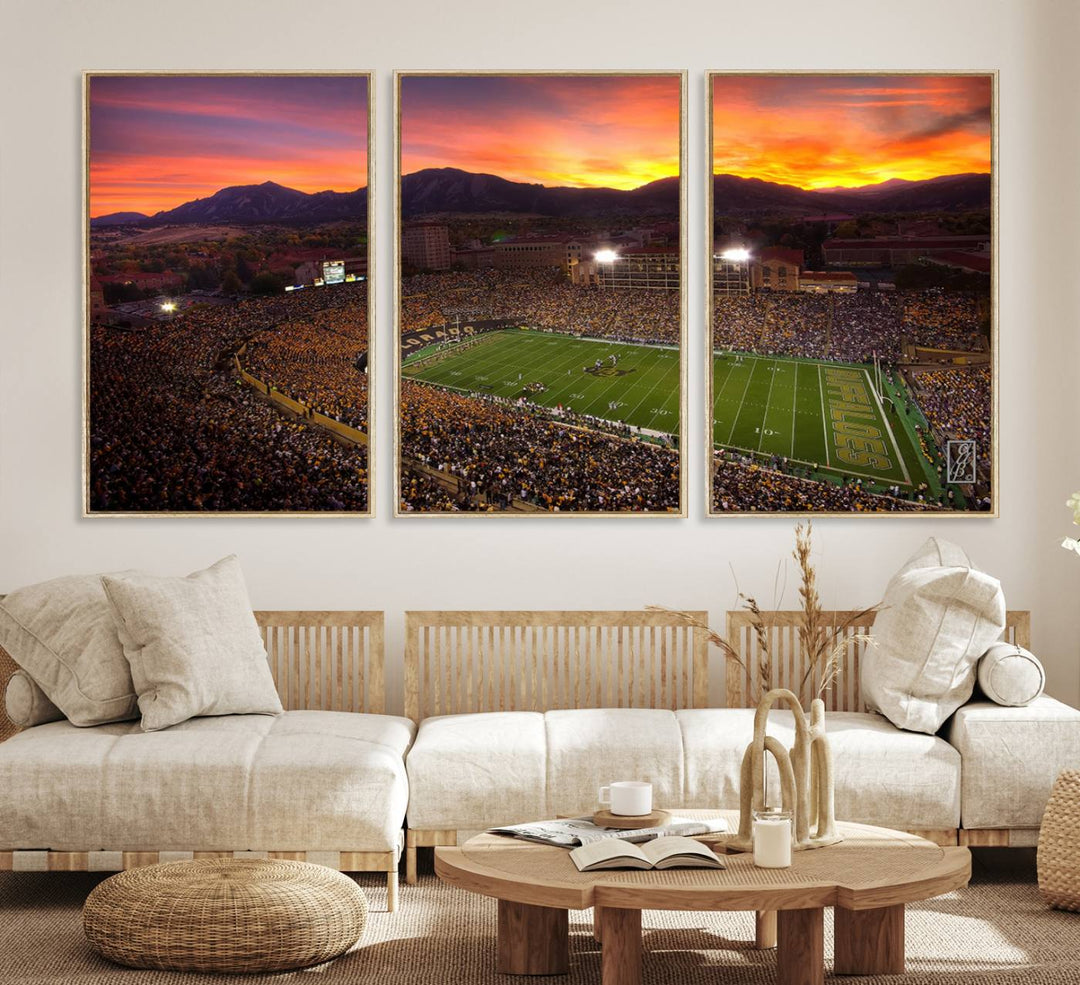 A vibrant mountain sunset at Folsom Field, home of the University of Colorado Football team, is captured in this stunning wall art canvas print.