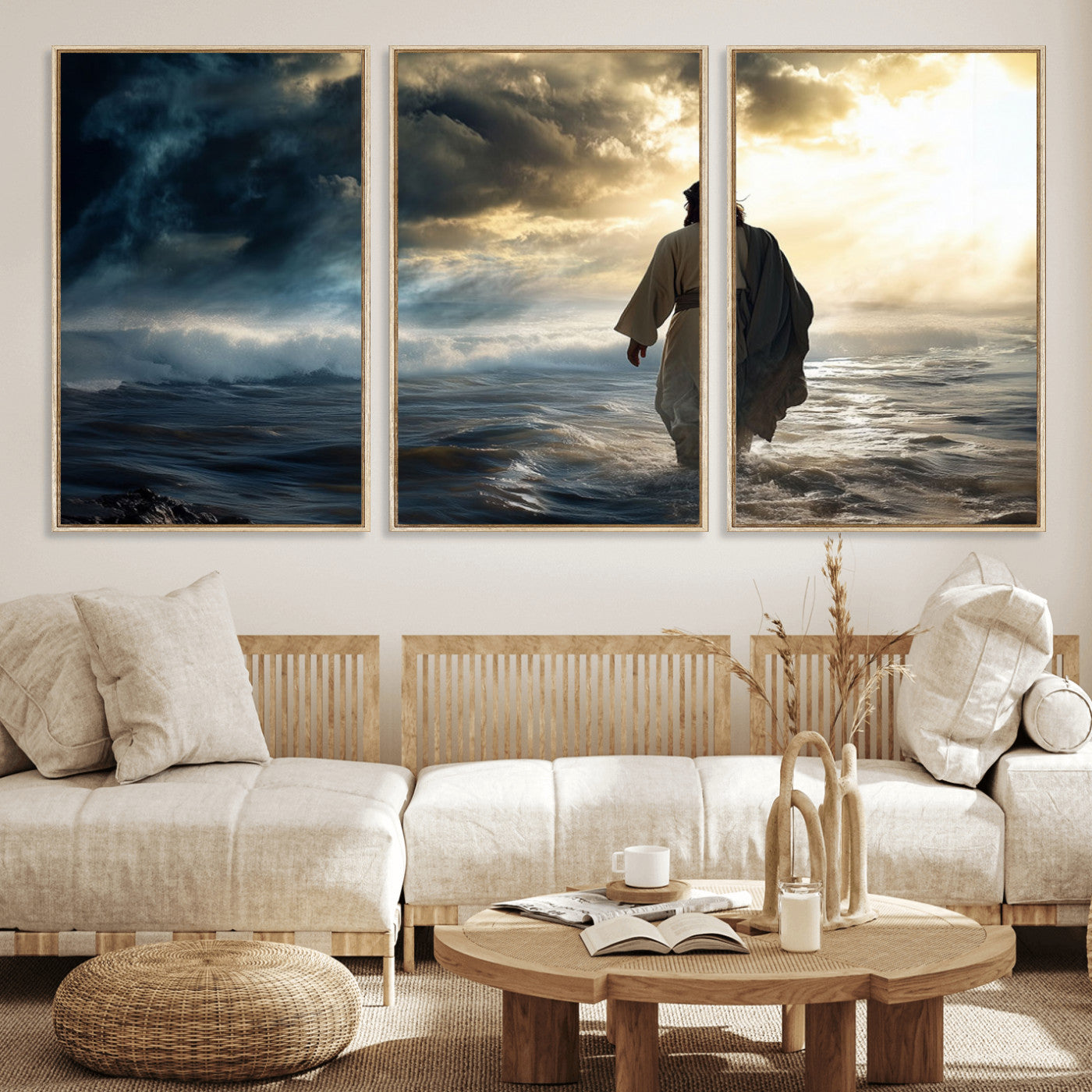 MGV-FC-60X30-3P - Jesus Walking on Water Wall Art | Canvas Print | Ready to Hang | Christian Home Decor | Spiritual