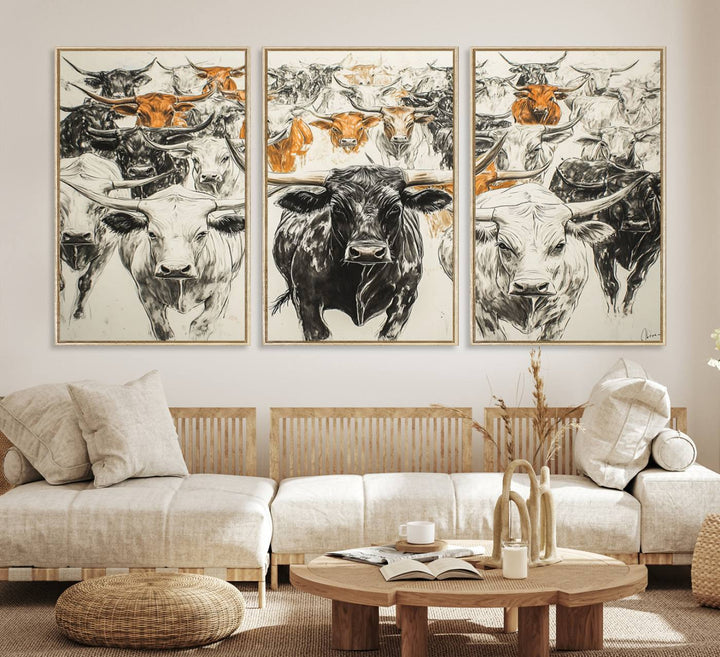 Texas Longhorn Wall Art canvas features cattle artwork with an abstract design, perfect for farmhouse decor on a porch.