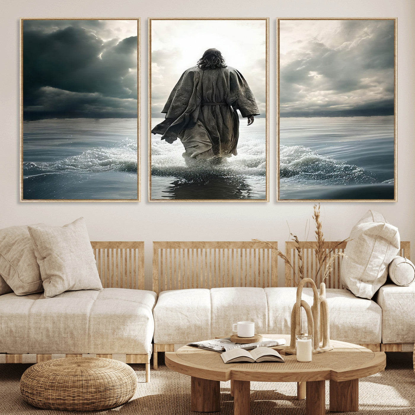 MGV-FC-60X30-3P - Jesus Walking on Water Wall Art | Canvas Print | Ready to Hang | Christian Home Decor | Spiritual
