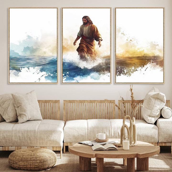 This watercolor canvas print depicts Jesus walking, characterized by abstract splashes against a serene background. It serves as a beautiful piece of Christian wall art.