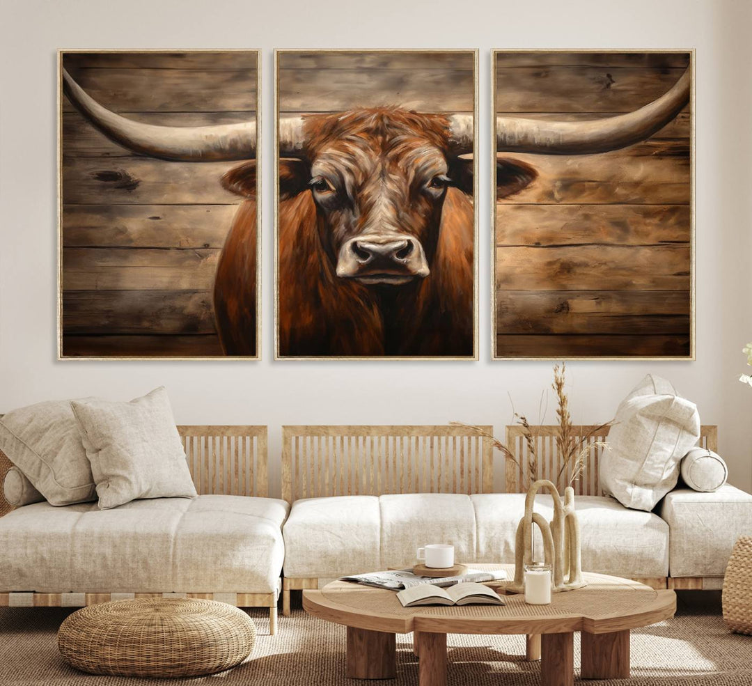 Longhorn Bull Canvas Print: Rustic Farmhouse Decor, Ready to Hang Western Barn Art.