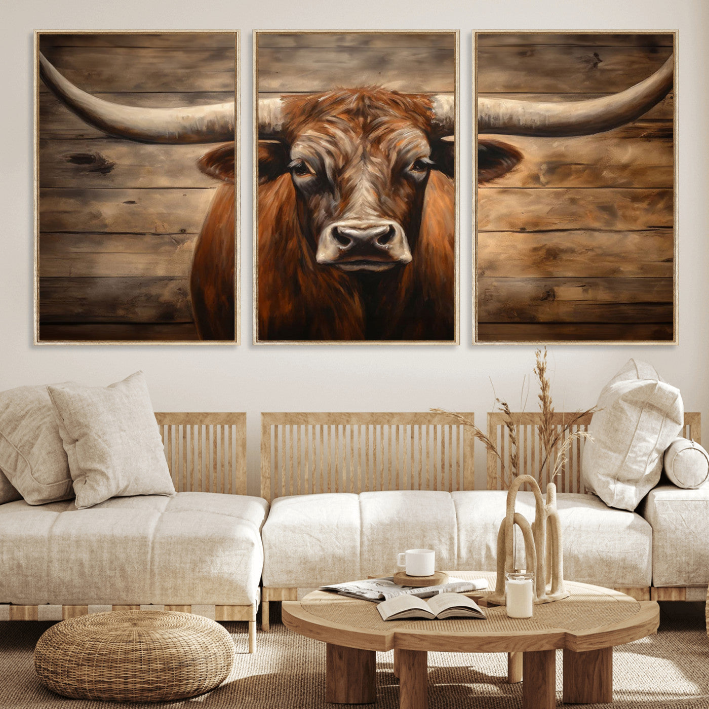 77556-MGV-FC-60X30-3P_Natural-Longhorn Bull Wall Art | Canvas Print | Ready to Hang | Rustic Farmhouse Wall Decor | Western Barn