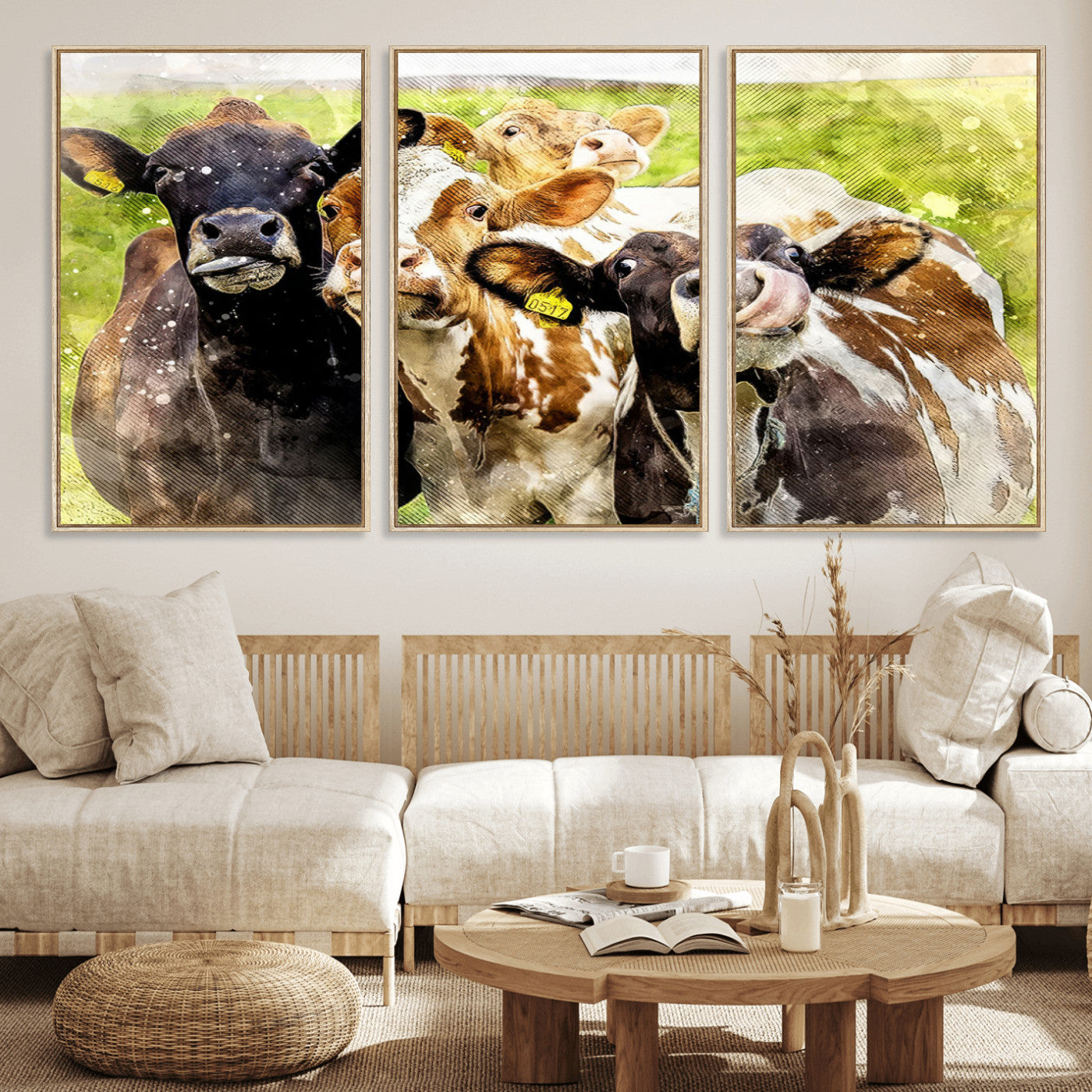 MGV-FC-60X30-3P - Curious Cows Farmhouse Wall Art | Ready to Hang and Framed Canvas Print | Rustic Farm Decor