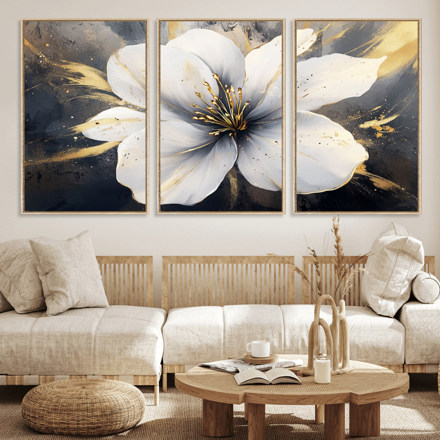 MGV-FC-60X30-3P - White Flower Wall Art Canvas Print | Ready to Hang | Abstract Floral Wall Decor | Elegant Bloom