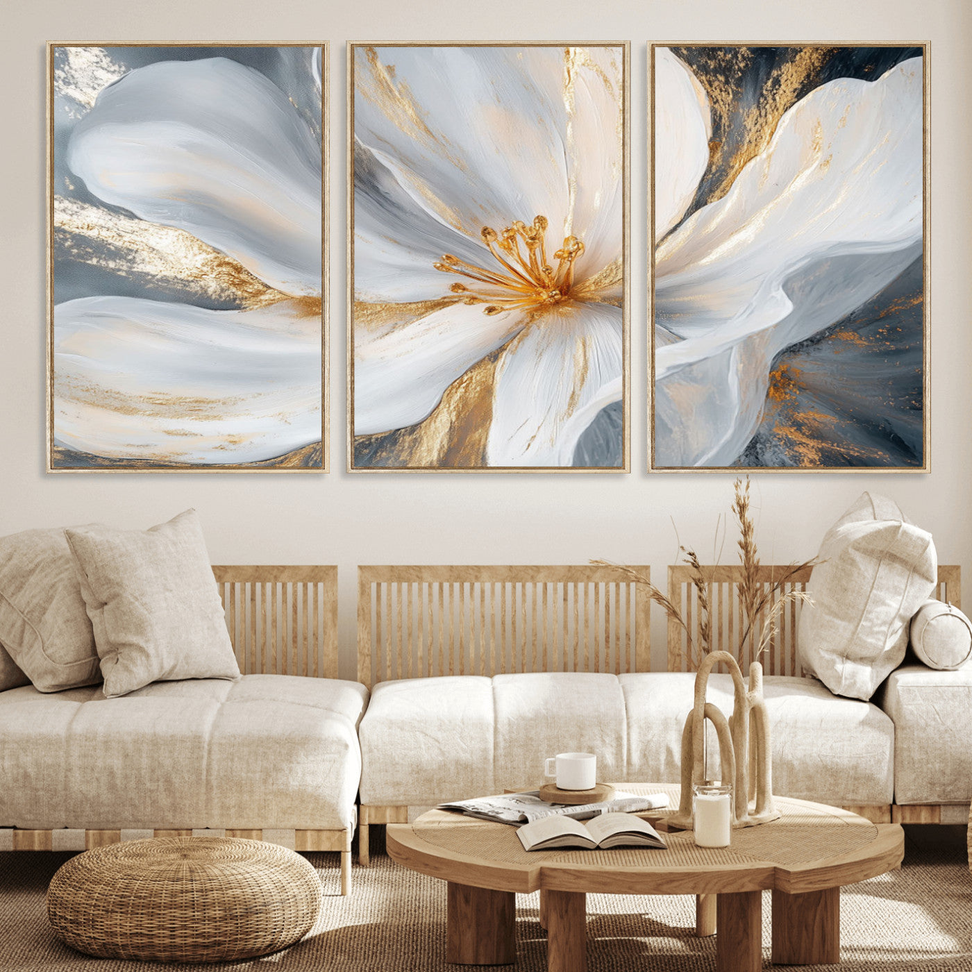 83149-MGV-CV-36X24-White and Gold Floral Canvas Wall Art - Framed and Ready to Hang - Perfect for Modern Living Rooms