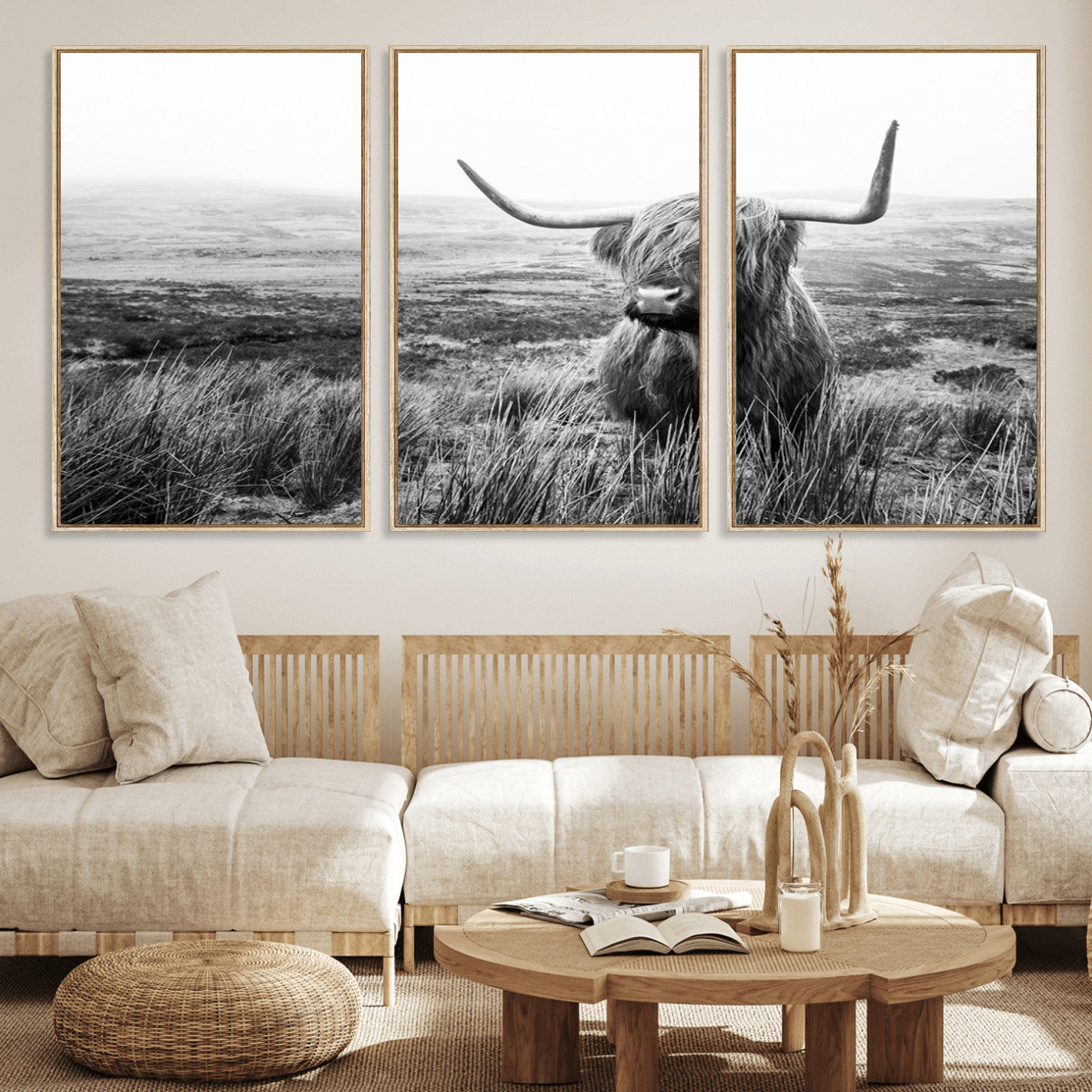 MGV-FC-60X30-3P - Scottish Highland Cow Wall Art | Black and White Canvas Print | Ready to Hang and Framed | Rustic