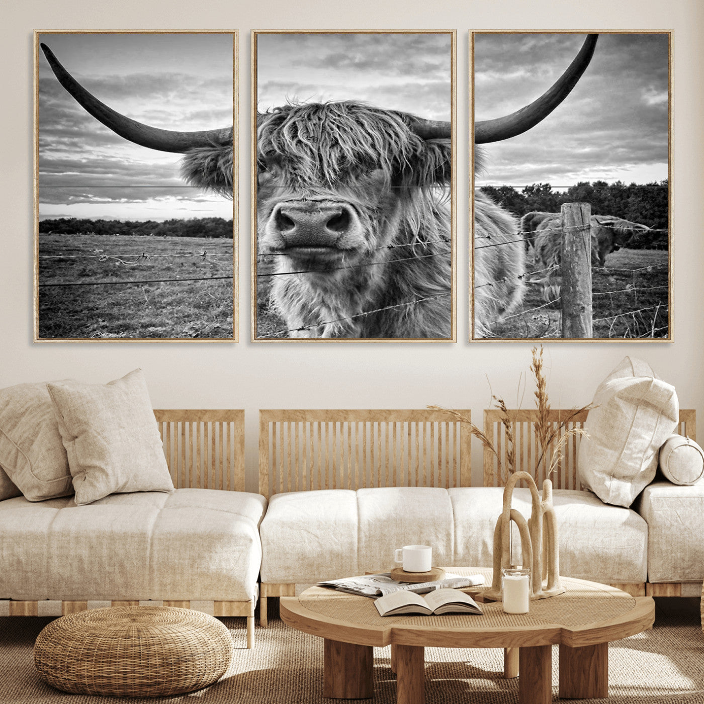 MGV-FC-60X30-3P - Scottish Highland Cow Wall Art Canvas Print | Ready to Hang and Framed | Rustic Farmhouse Decor