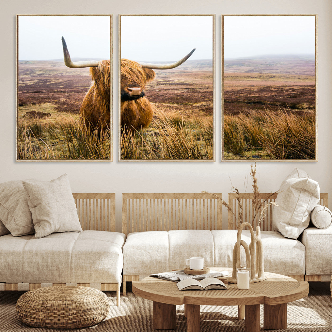 97274-MGV-FC-60X30-3P_Natural-Scottish Highland Cow Canvas Wall Art – Rustic Farmhouse Charm with Highland Cattle – Ready to Hang