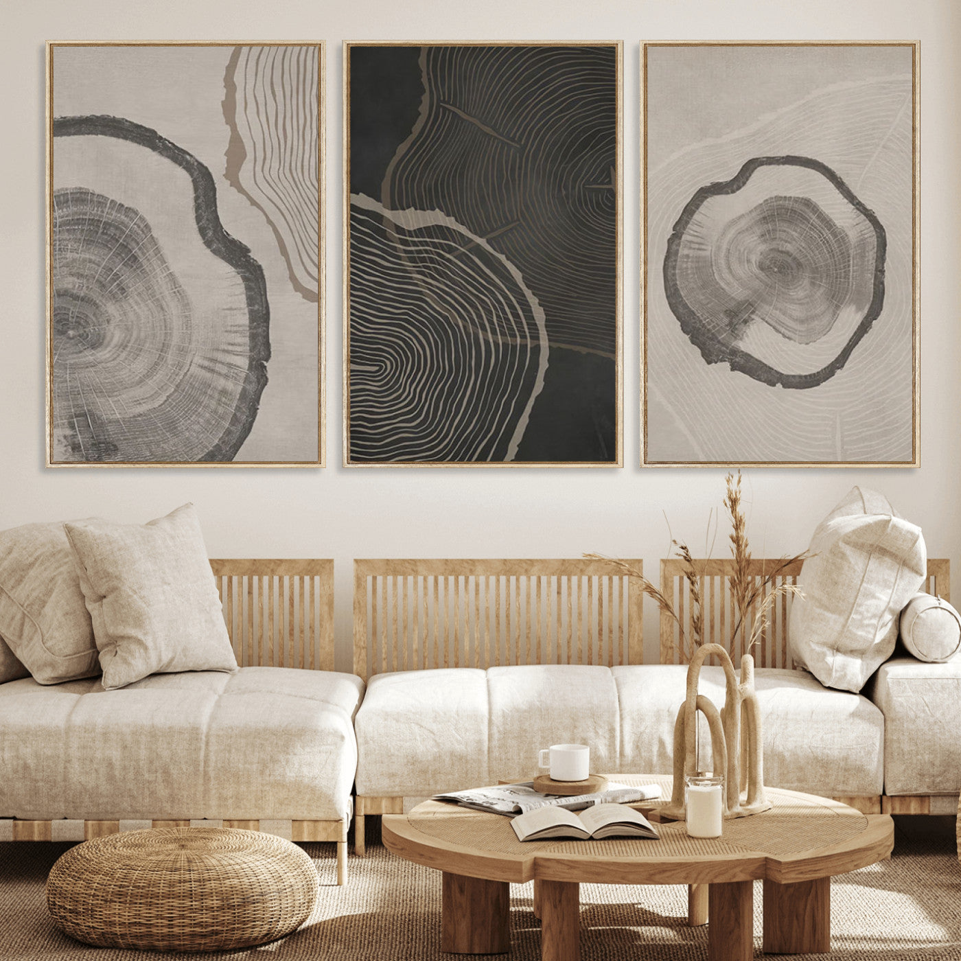 MGV-FC-60X30-3P - Modern Abstract Tree Ring Canvas Art Set | 3 Panel Large Tree Ring Design for Living Room, Office,