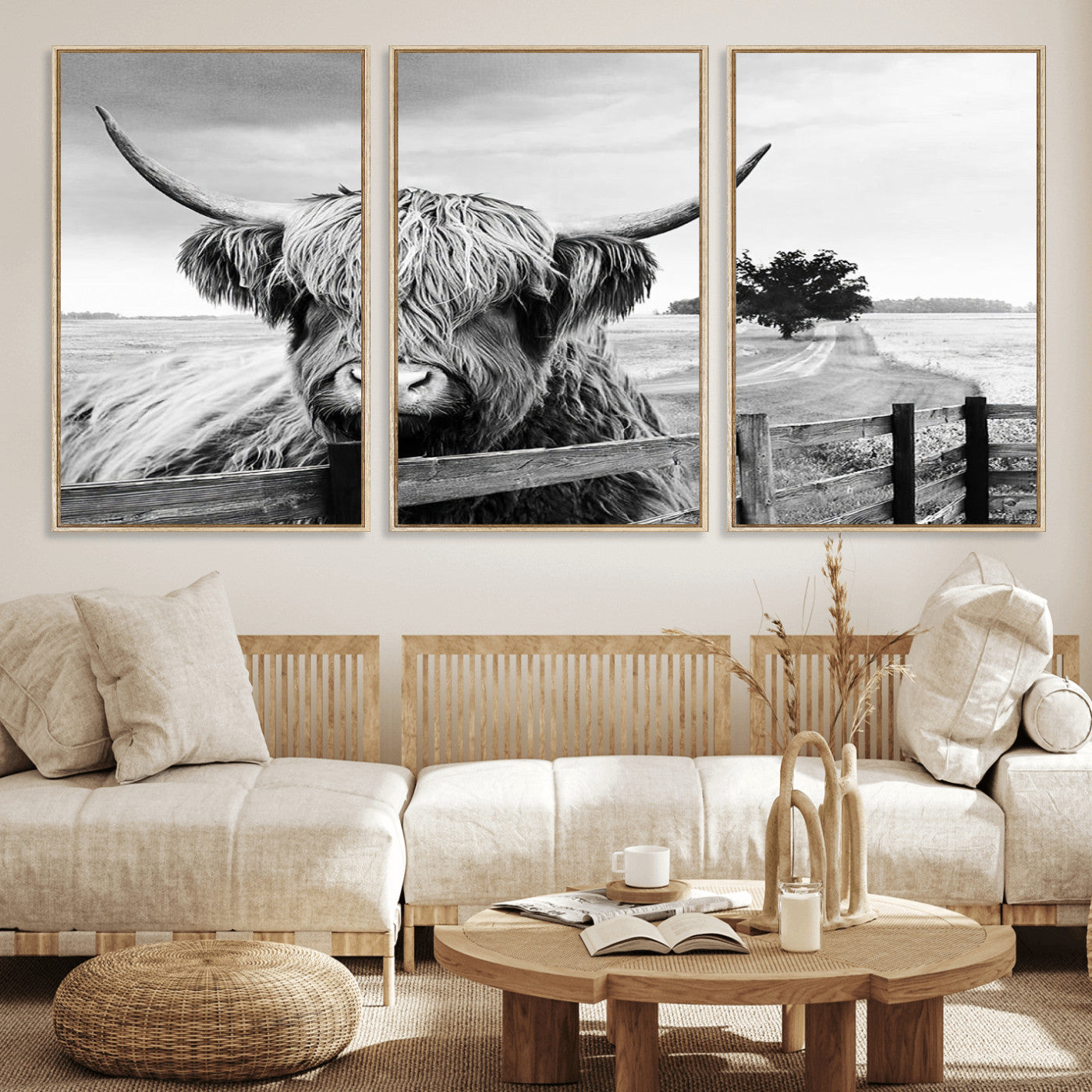 MGV-FC-60X30-3P - Scottish Highland Cow Wall Art | Rustic Farmhouse Décor | Black and White Ready to Hang Canvas Print