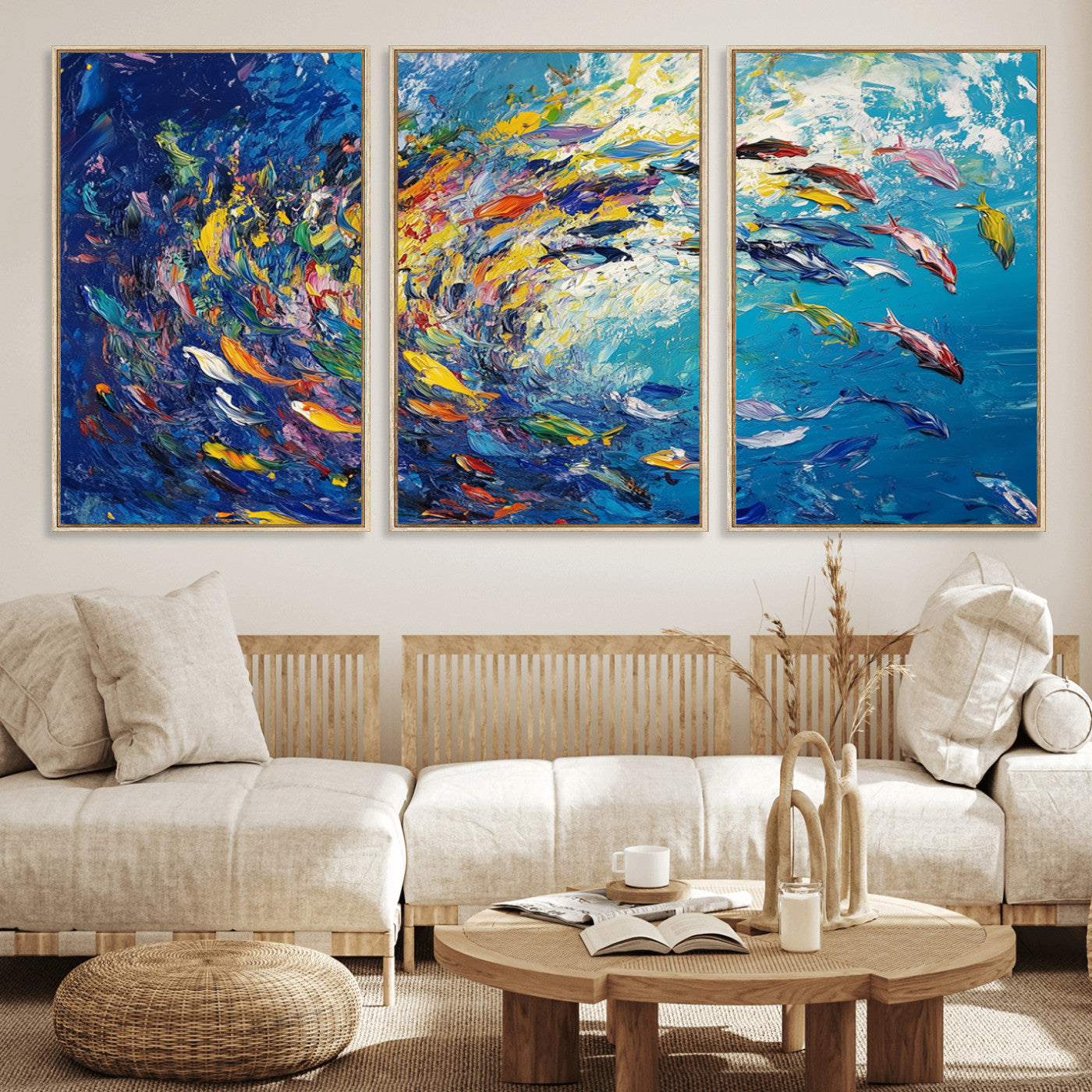 MGV-FC-60X30-3P - Colorful Swirling Fish School Wall Art Canvas Print | Oceanic Abstract Painting | Ready to Hang |