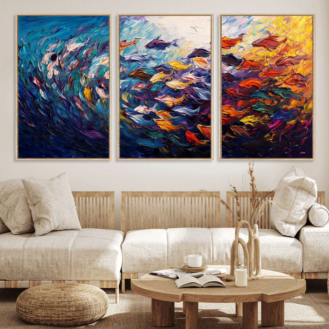 MGV-FC-60X30-3P - Vibrant Abstract Fish Swarm Art – Colorful Fish Inspired 3-Piece Canvas Wall Art for Living Room or