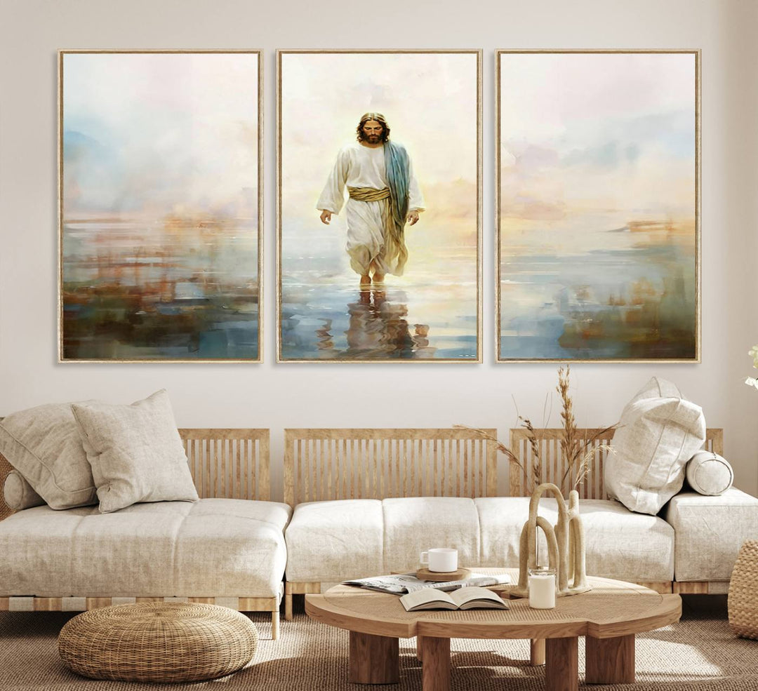 The 3-panel Framed Jesus Walking on Water Wall Art showcases a serene religious scene.