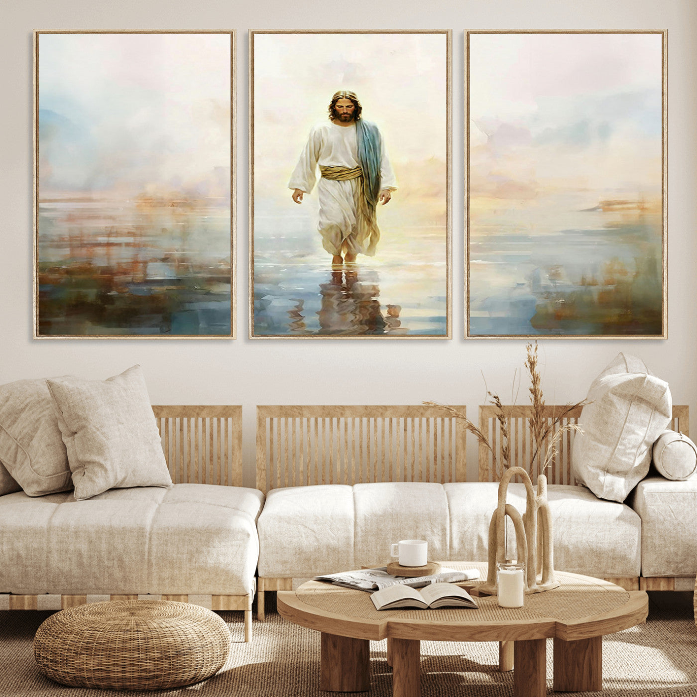 MGV-FC-60X30-3P - Framed Jesus Walking on Water Wall Art - 3-Panel Christian Canvas Prints, Religious Artwork for
