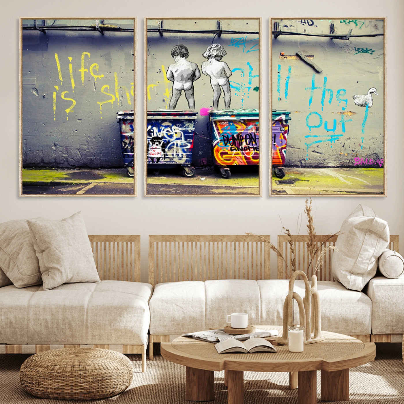 MGV-FC-60X30-3P - Banksy Life is Short Wall Art - Iconic Graffiti Art on Framed Ready-to-Hang Canvas - Street Art
