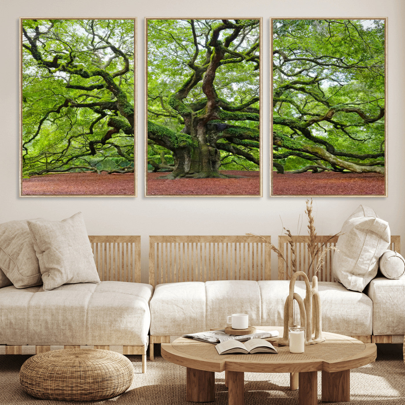 MGV-FC-60X30-3P - Framed Angel Oak Tree Wall Art - 3-Panel Canvas Prints, Large Green Nature Artwork, Ready to Hang