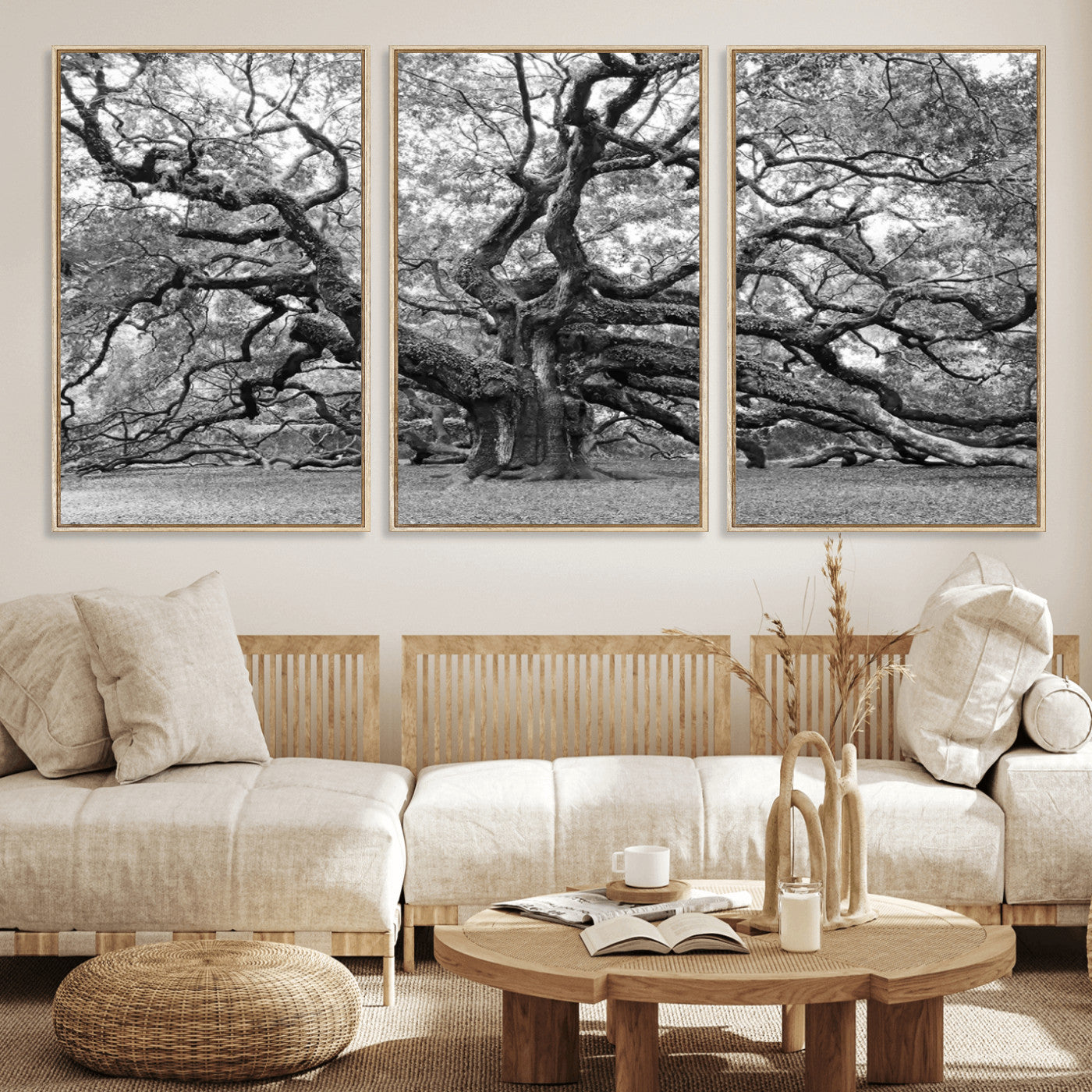MGV-FC-60X30-3P - Black White Angel Oak Tree Wall Art - Timeless Nature-Inspired Canvas for Rustic, Modern, or