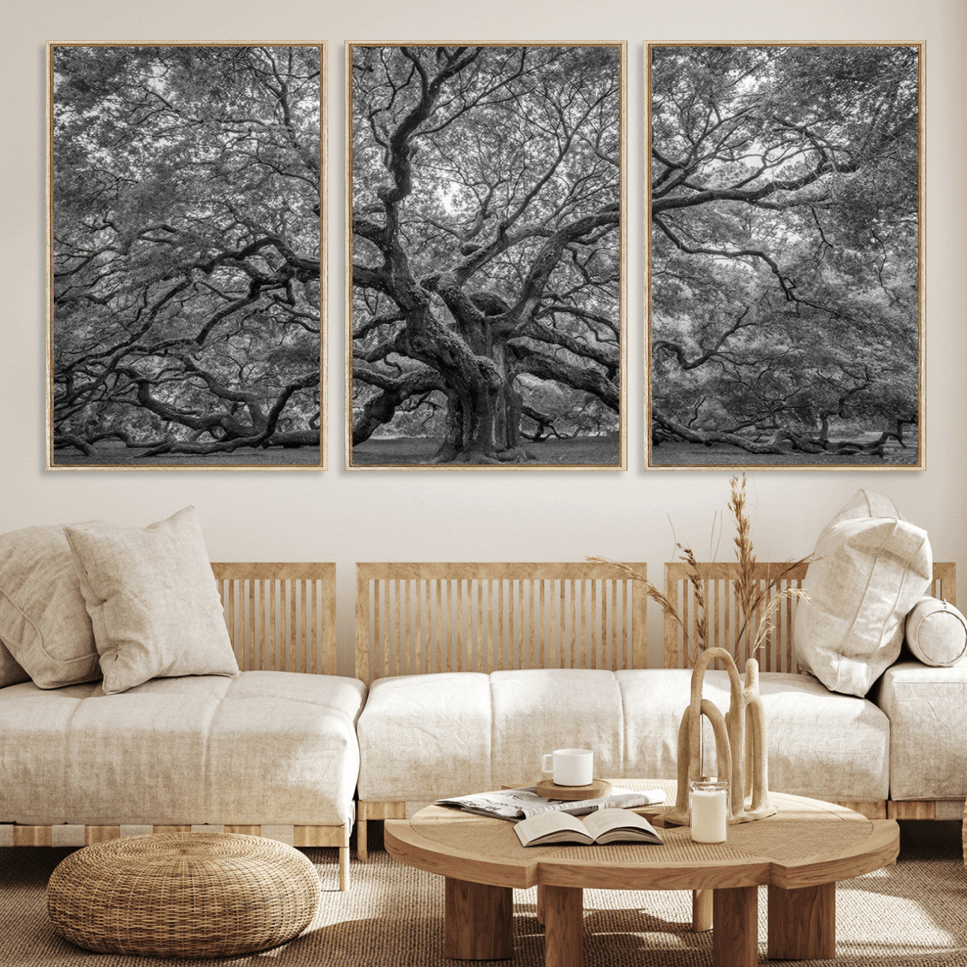 97240-MGV-FC-60X30-3P_Natural-Majestic Angel Oak Tree Black and White Canvas Print – Multi Panel Wall Art, Giclée Print, Ready to