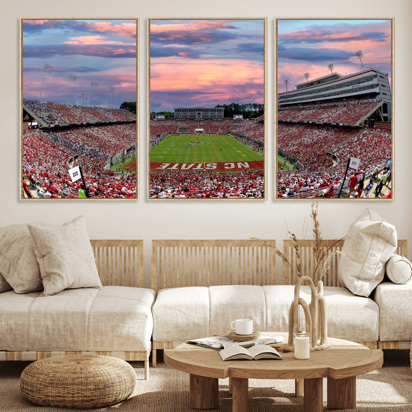 MGV-FC-60X30-3P - Carter-Finley Stadium Art Sunset Game Triple Canvas Wall Art - NC State Wolfpack Football Match