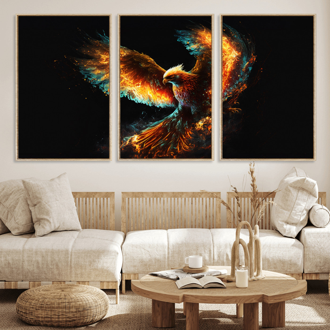 MGV-FC-60X30-3P - Fiery Phoenix Canvas Print | Ready to Hang Wall Art | Bold Fantasy Decor for Living Room | Majestic