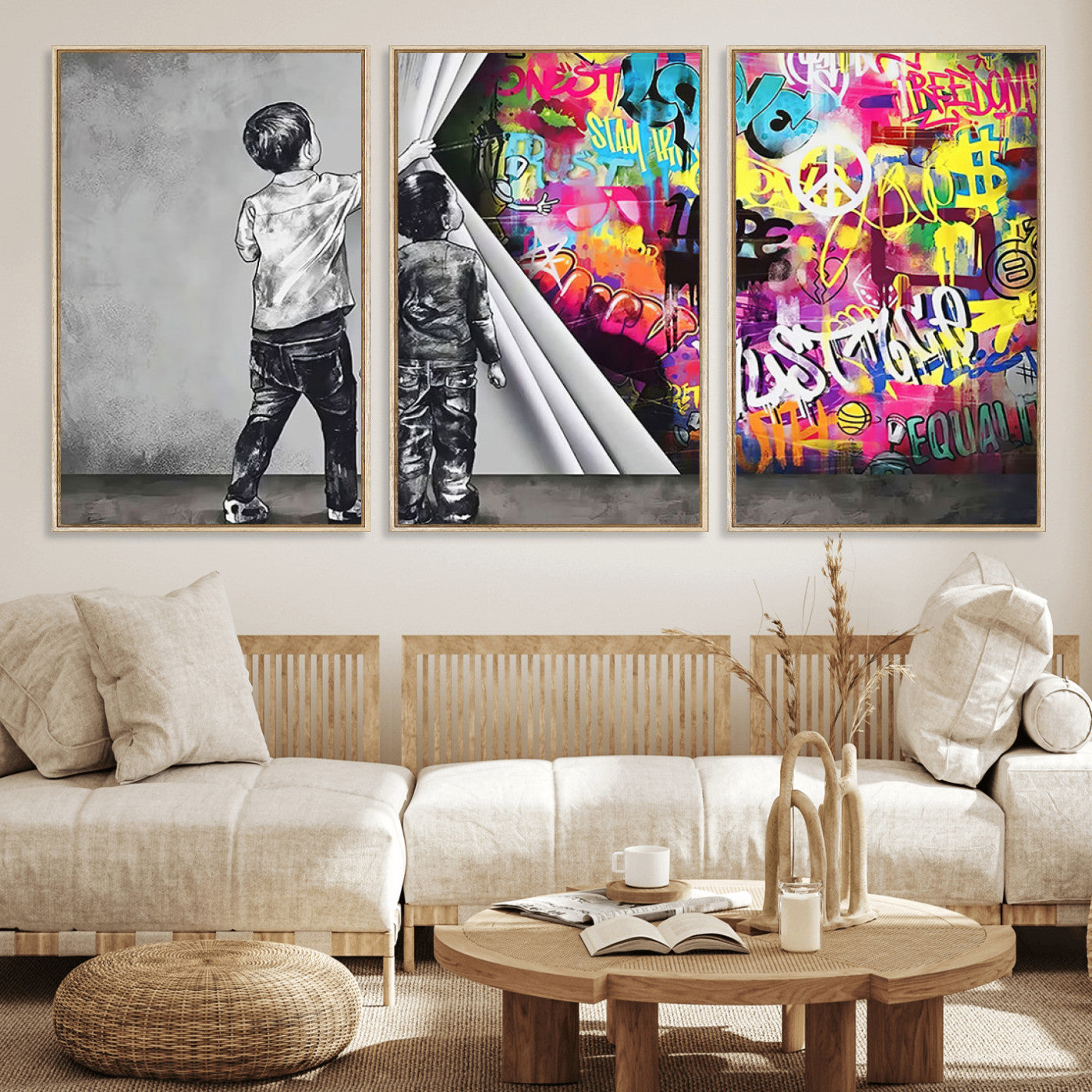 MGV-FC-60X30-3P - Banksy Print - Street Art Canvas Wall Art - Kids Revealing Graffiti, Urban Modern Decor for Living