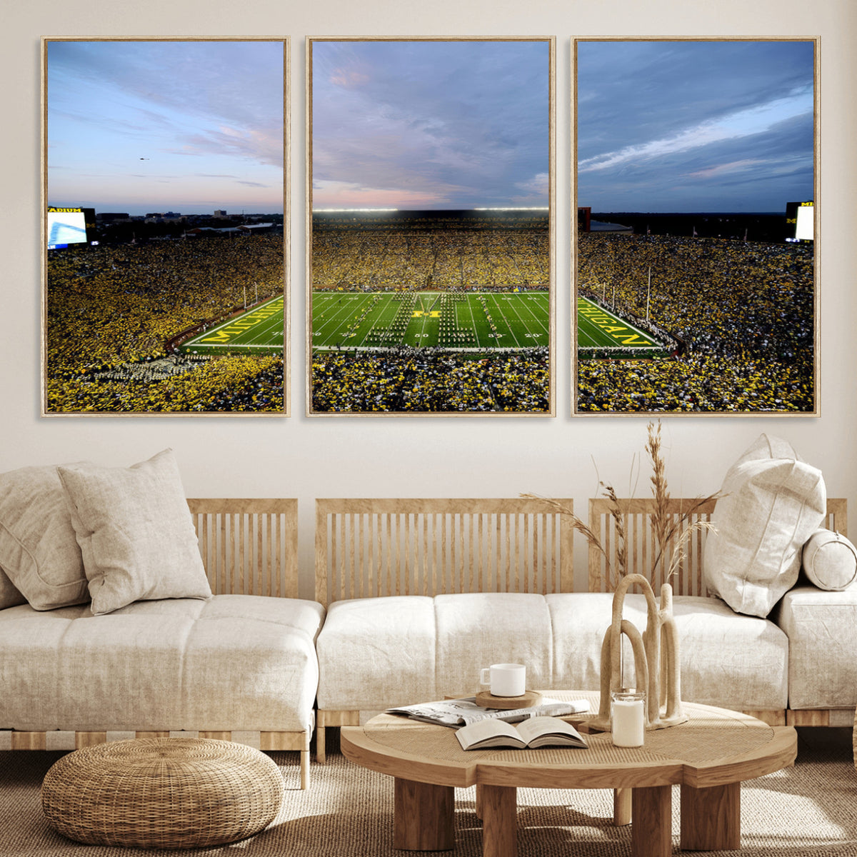 82641-MGV-CV-36X24 - Michigan Stadium Wall Art Canvas Print – Framed Football Field Scene with Marching Band Artwork for Home, Office