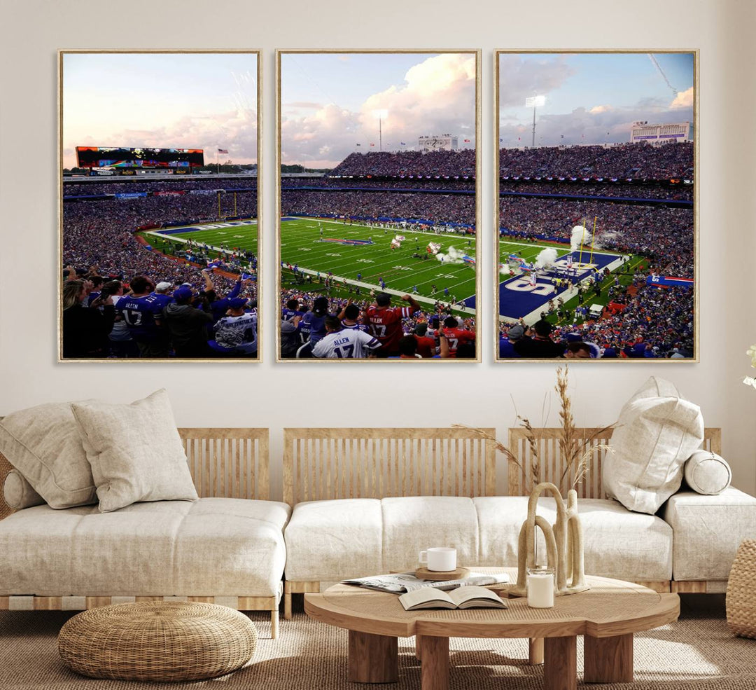 A mural of the Buffalo Bills energizes the atmosphere, capturing the excitement of a game day at Highmark Stadium, even under a cloudy sky.