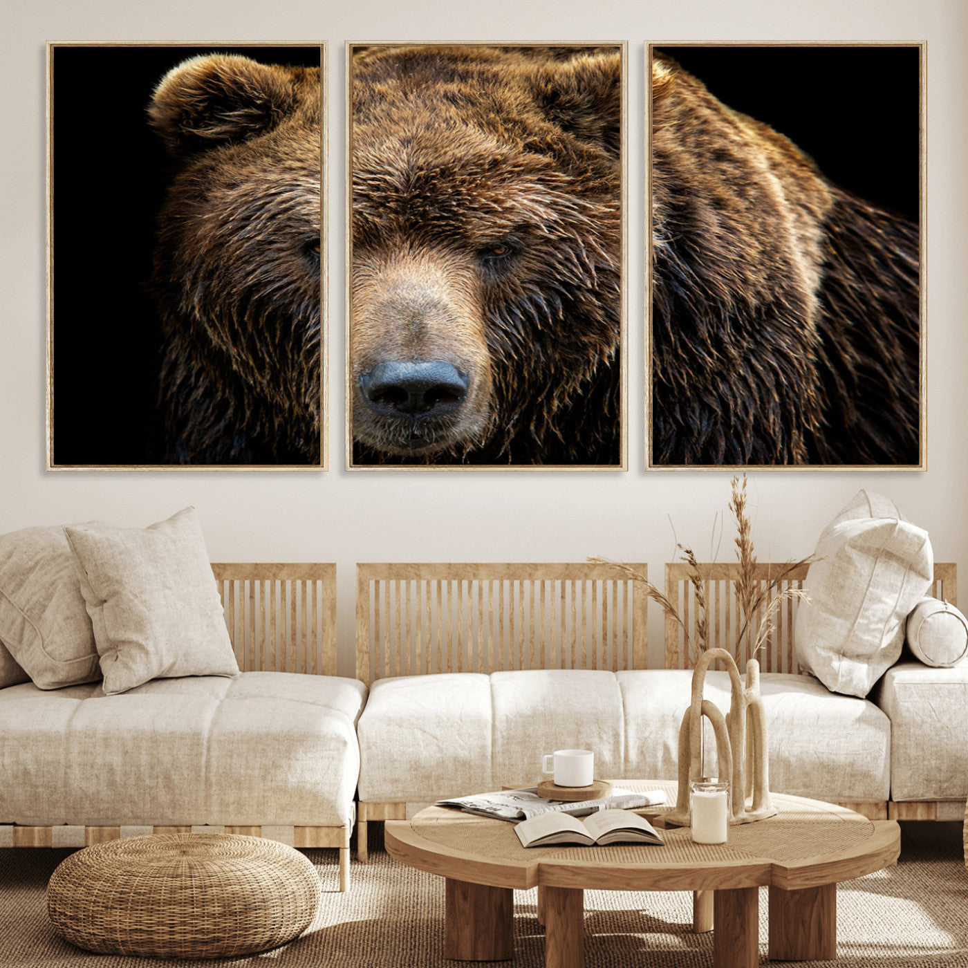 MGV-FC-60X30-3P - Grizzly Brown Bear Canvas Wall Art, Wildlife Animal Canvas Artwork Bear Print, Bear Wall Art Print,