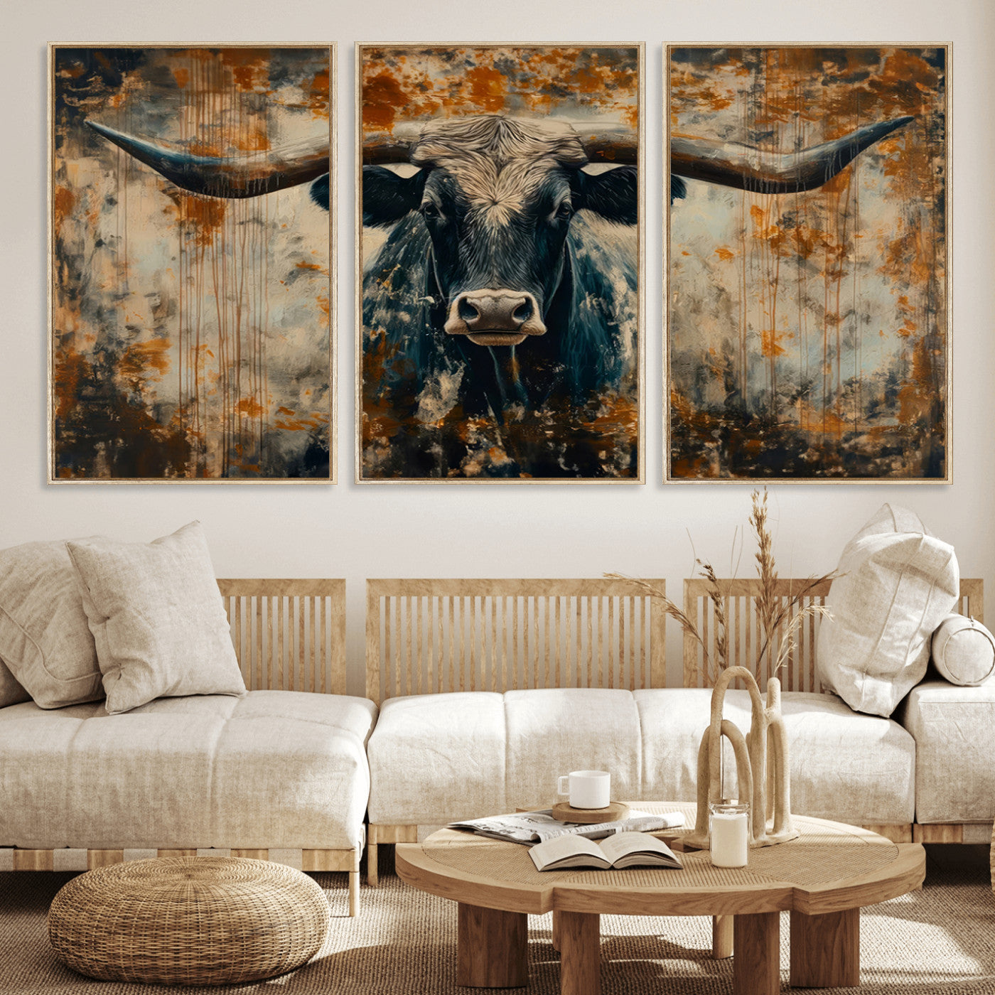 MGV-FC-60X30-3P - Abstract Longhorn Bull Wall Art | Rustic Western Wall Decor | Framed and Ready to Hang | Ideal for
