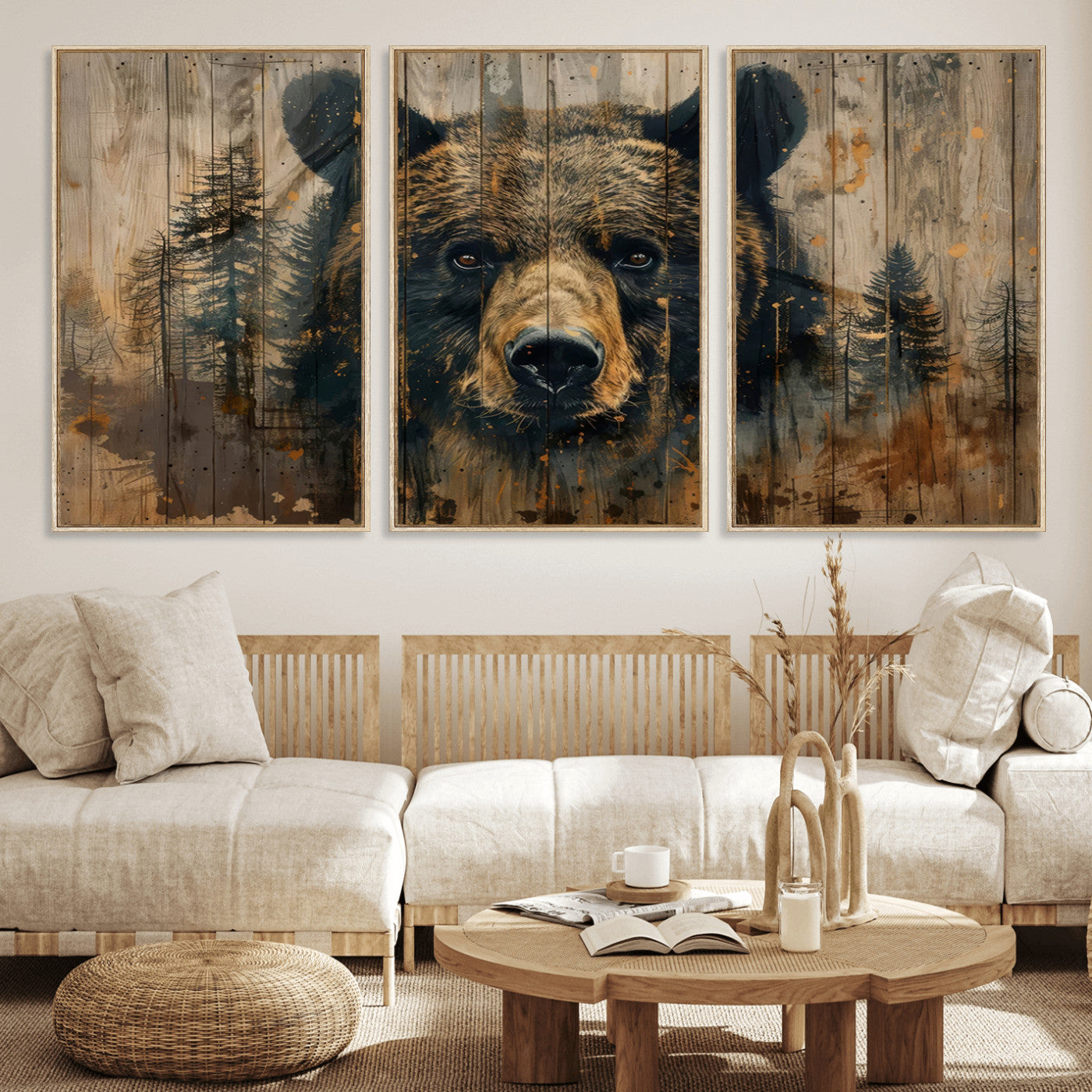 MGV-FC-60X30-3P - Abstract 399 Bear Wall Art | Rustic Cabin Wall Decor with Forest Design | Framed and Ready to Hang |
