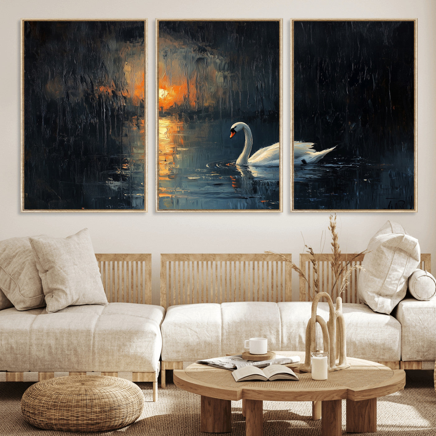 MGV-FC-60X30-3P - Abstract Swan on Water Wall Art Canvas Print - Elegant Nature Scene for Modern Home Decor