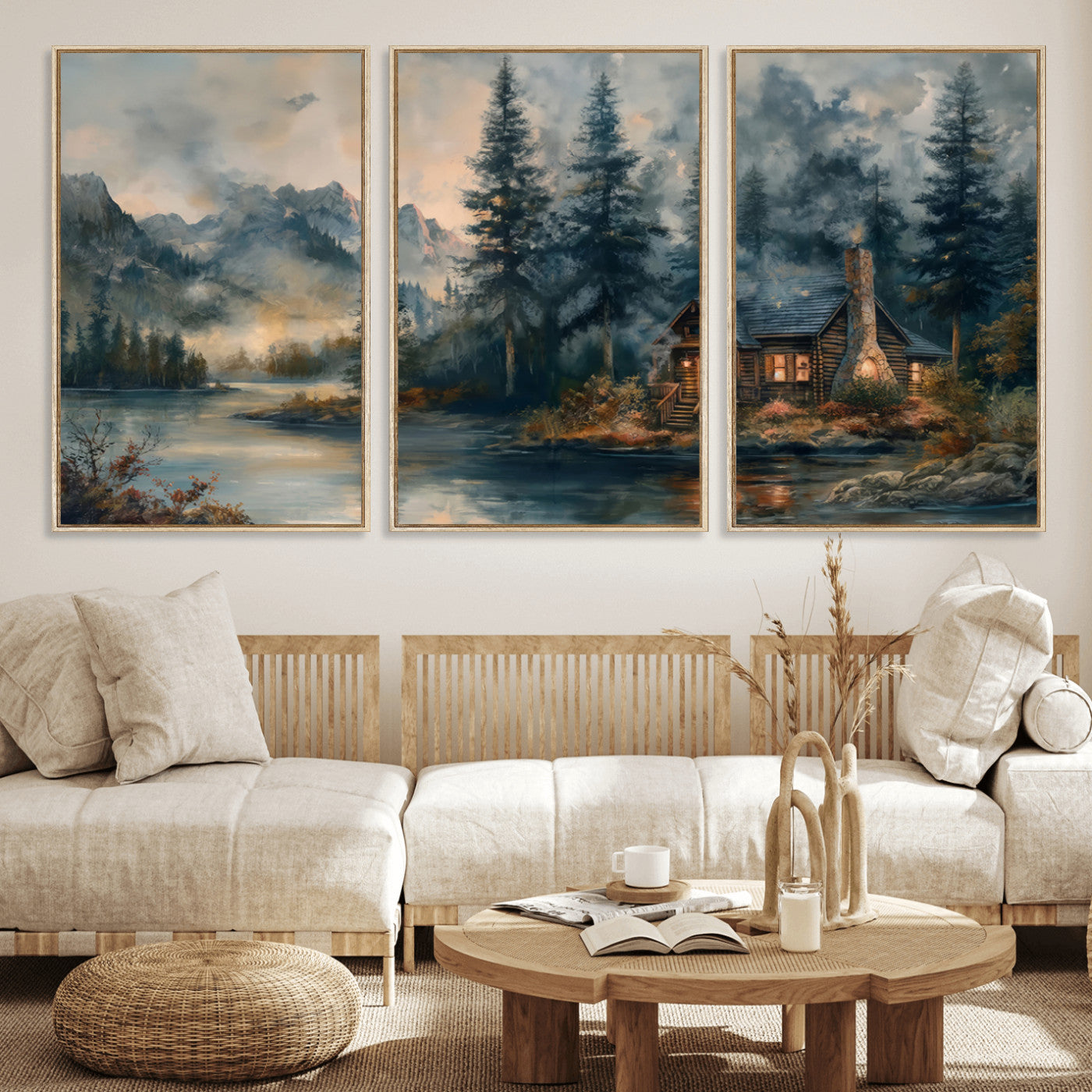 MGV-FC-60X30-3P - Rustic Cabin Woods Wall Art Print | Lake in a Forest Canvas Print | Cabin, Lodge, and Farmhouse