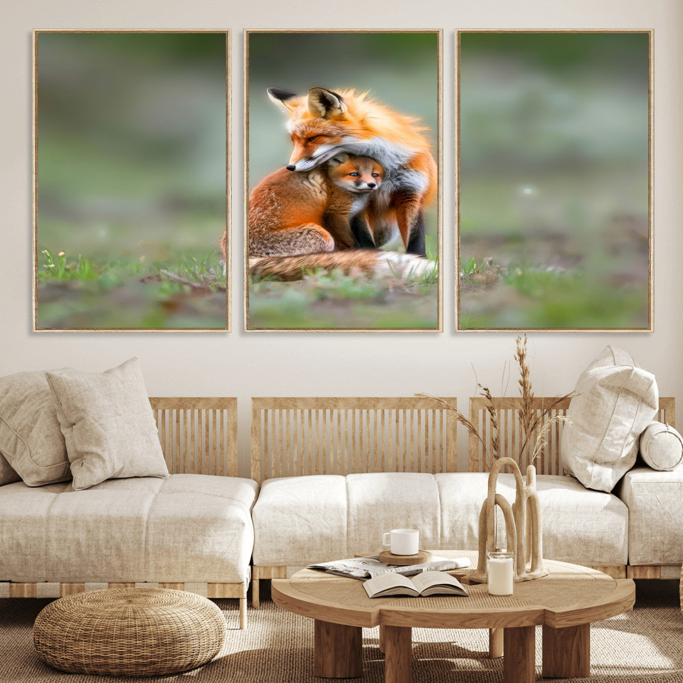 MGV-FC-60X30-3P - Heartwarming Fox and Baby Cub Wall Art | Ready to Hang Canvas Print of Foxes in Nature | Perfect for