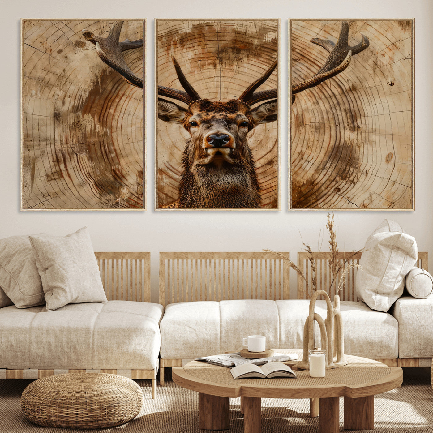 MGV-FC-60X30-3P - Wood Abstract Deer Wall Art | Rustic Wildlife Canvas Print | Ready to Hang Stag Head Triptych for