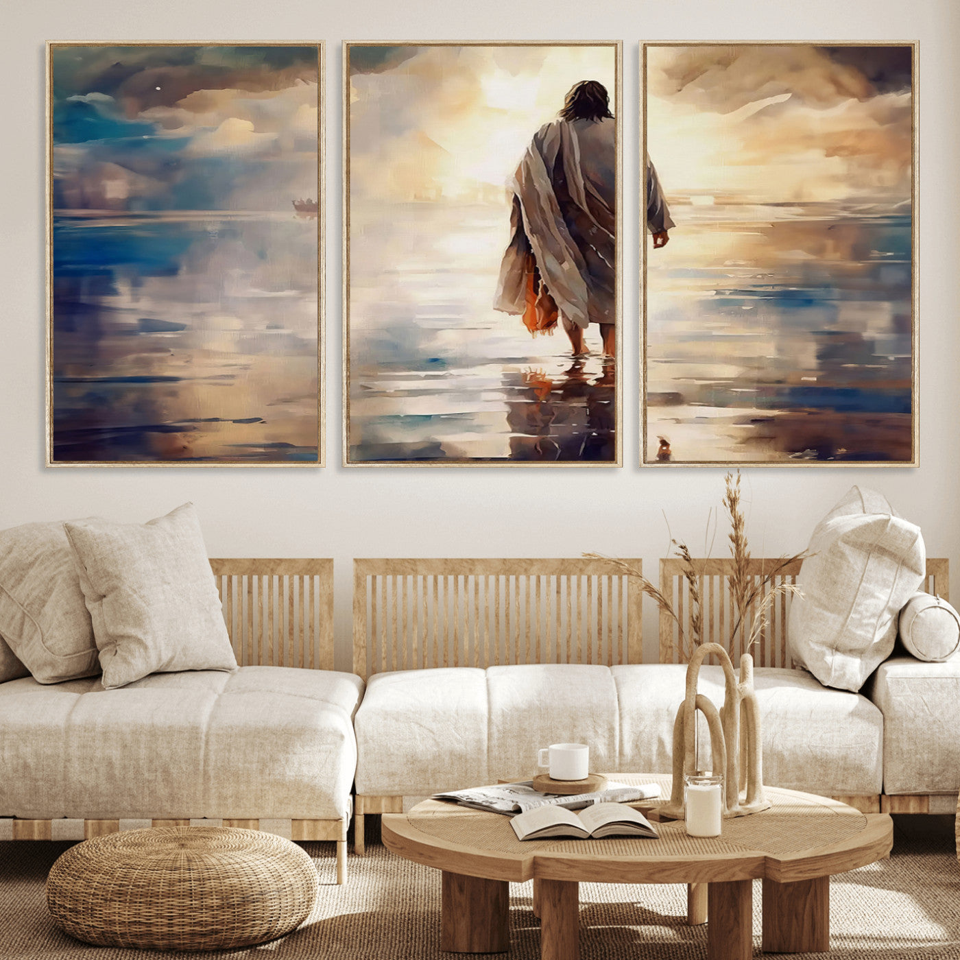 MGV-FC-60X30-3P - Jesus Walking on Water Wall Art | Ready to Hang Spiritual Triptych Canvas Print | Inspirational