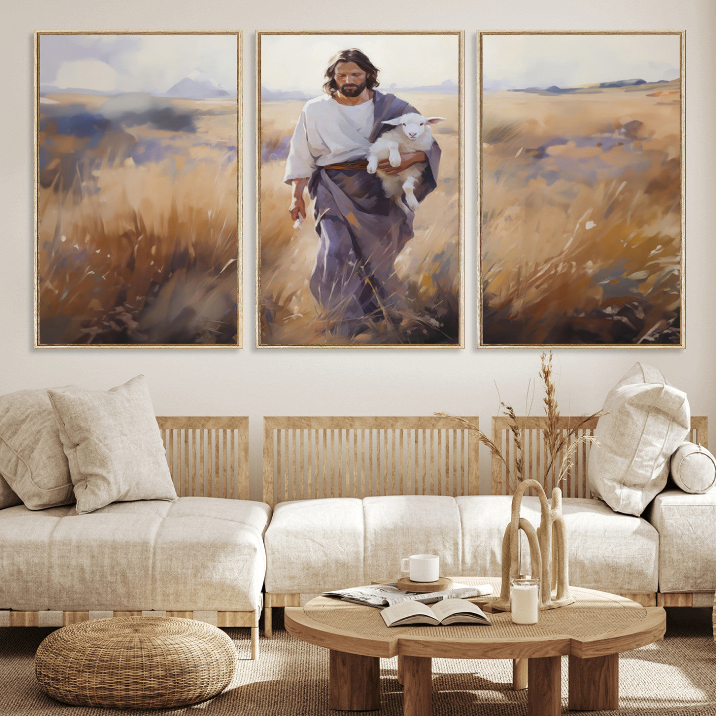 MGV-FC-60X30-3P - Jesus the Good Shepherd Wall Art Canvas Print - Lost Lamb Print for Prayer Room Decor