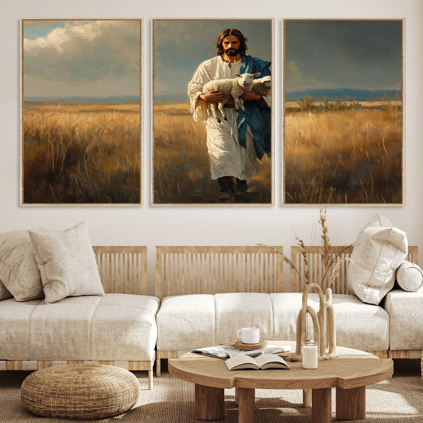 MGV-FC-60X30-3P - Jesus Shepherd Wall Art | Ready to Hang Triptych Canvas of Jesus Holding a Lamb in a Field |