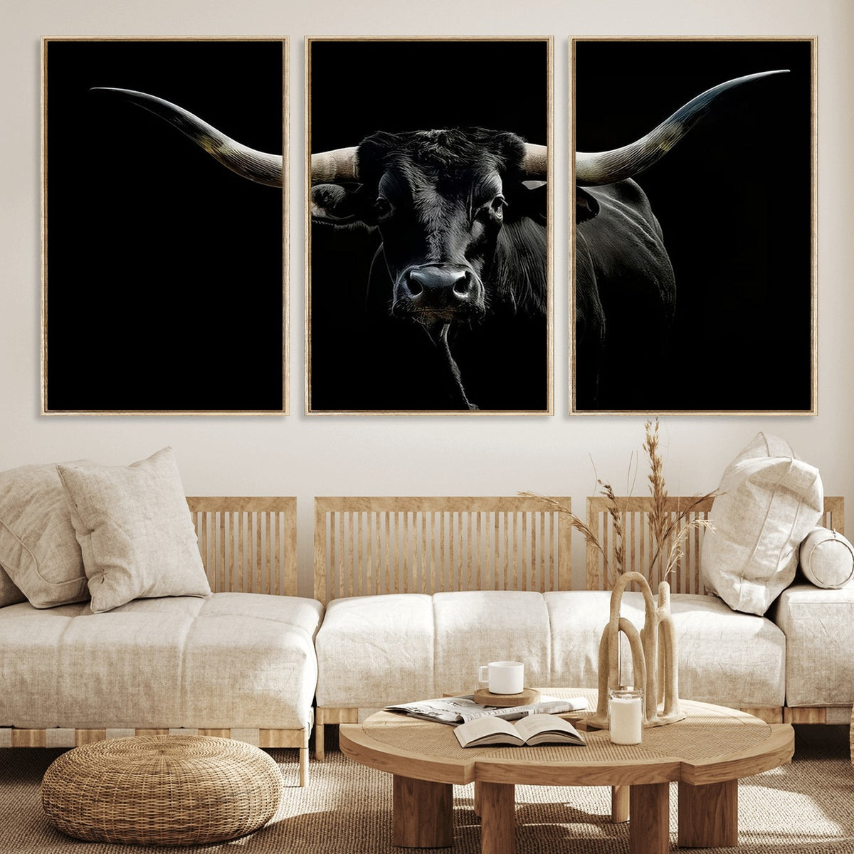 20679-MGV-CV-24X16 - Texas Black Longhorn Bull Wall Art Canvas Print, Western Cattle Rustic Decor