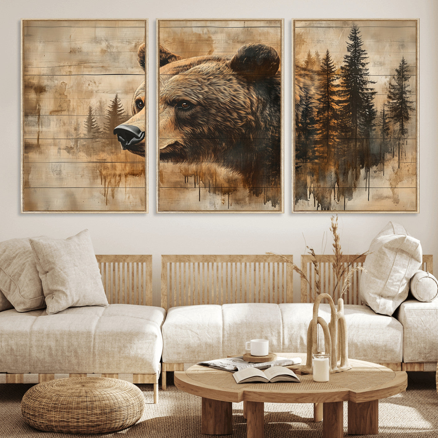 MGV-FC-60X30-3P - Rustic Grizzly Bear Wall Art, Abstract Grizzly 399 Bear Wall Art Canvas Print - Woodland Wildlife