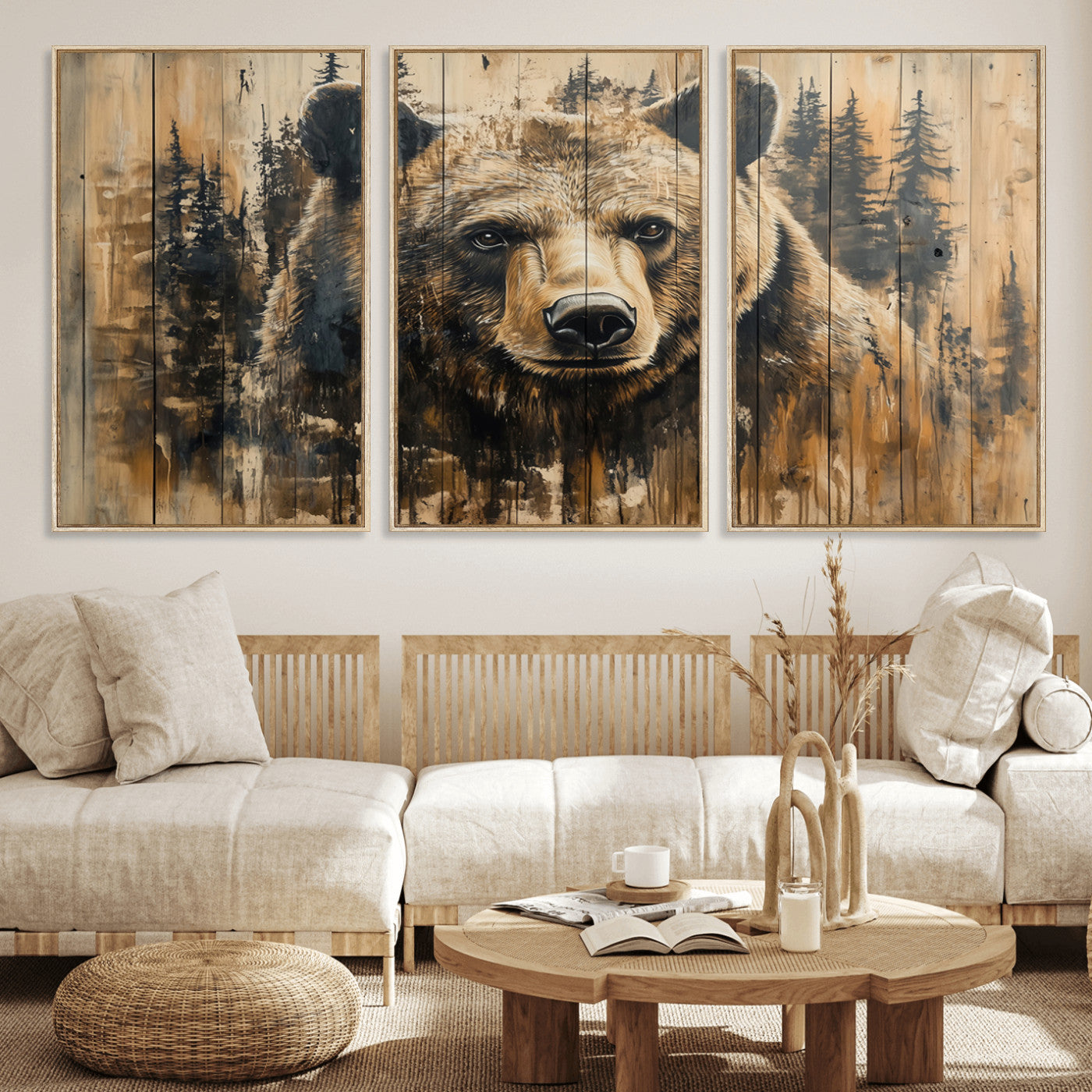 MGV-FC-60X30-3P - Majestic Grizzly 399 Bear Wall Art | 3-Panel Rustic Canvas Print for Living Room, Office, or Cabin